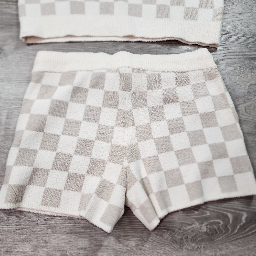 NWT BAREFOOT DREAMS 2 Pc CozyChic Oatmeal Cream Checkered Top Short Set XL - Picture 7 of 14